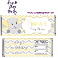 Yellow and grey elephant baby shower candy bar wrappers,(006ebs)